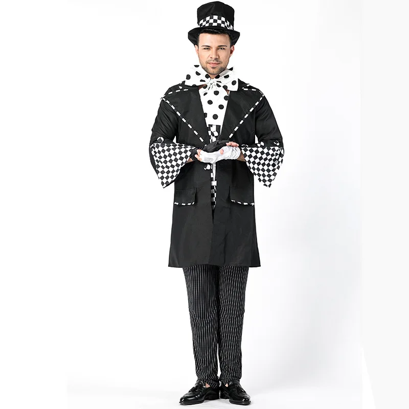 

Deluxe Man Circus Magician Tuxedo Costume Halloween Stage Performance Alice In Wonderland Mad Hatter Purim Cosplay Dress