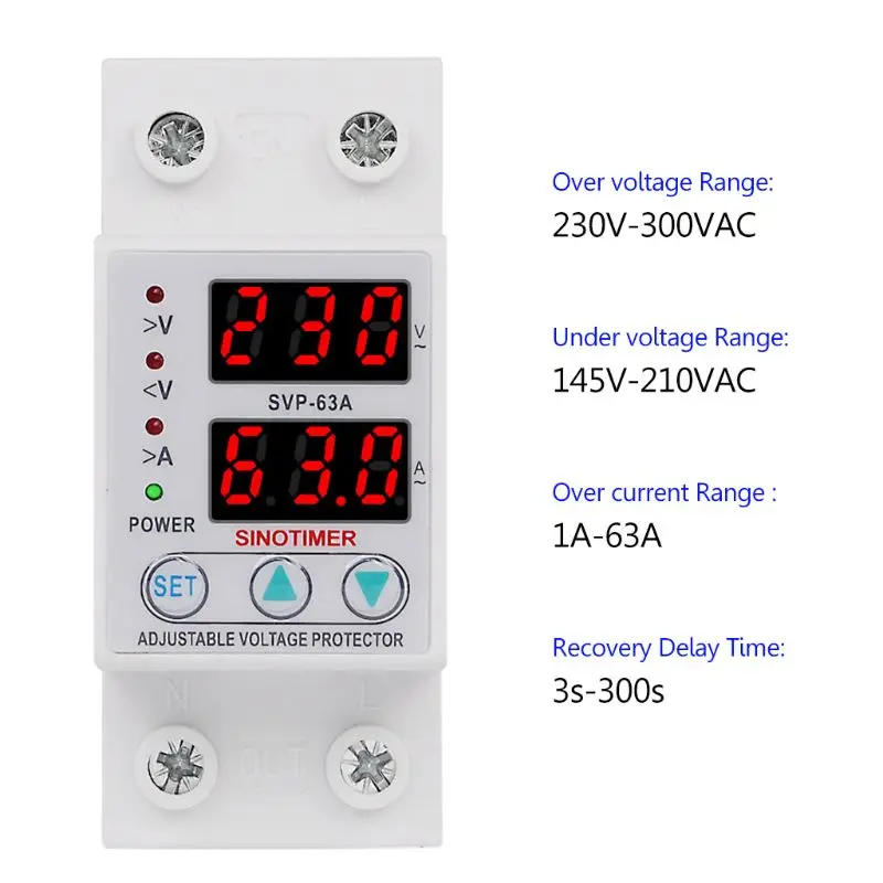 

Din Rail Adjustable 63A 230V Over Under Voltage Protective Device Protector Relay with Over Current Protection