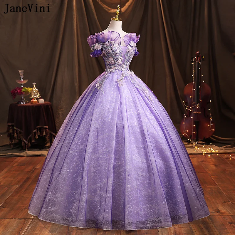 Janeviniバイオレットプリンセスのドレス,ビーズの真珠,花柄,apped Quinceanera,パーティー用,16個