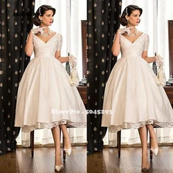 2024 Short Seeves Wedding Dresses V Neck Lace Satin Tea Length Bridal Gowns Custom Made Vestido De Novia Robe Mariage  Undefined