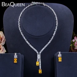 BeaQueen New Design Brilliant Yellow CZ Square Drop Earrings Necklace Jewelry Set for Women Bridal Wedding Accessories JS221