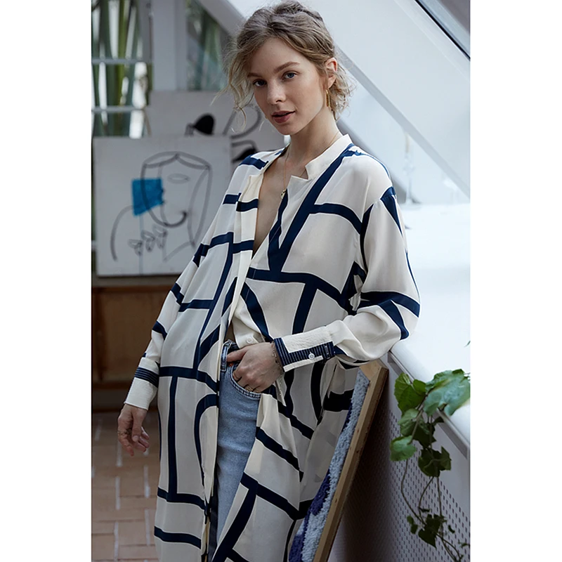 High Quality 100% Heavy Silk Dress Women Casual Style Print Stand Neck Long Sleeve Lightweight Fabric Dress New Fashion