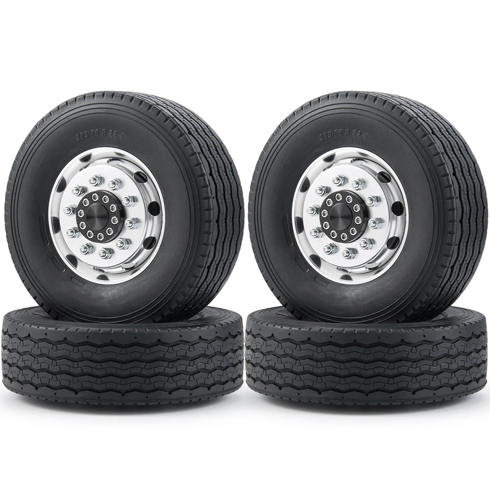 TRINOOD Aluminum Alloy Front Wheel Hub and Rubber Tyres Kit with Foam Inserts for 1/14 Tamiya Tractor Trucks Trailer Wheel Tires