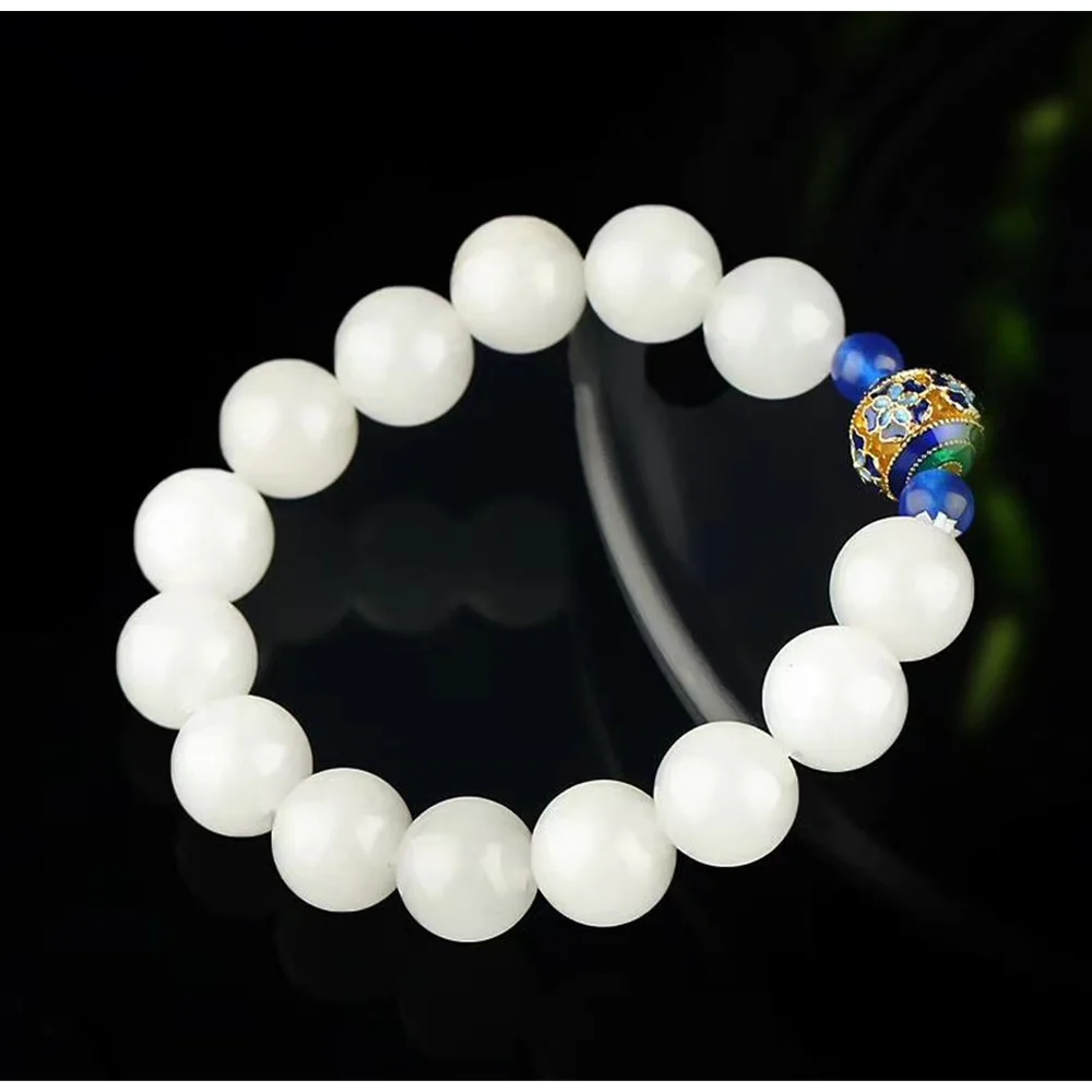 

White Gold Silk Jade With Cloisonne Decorative Round Bead Bracelet Perfect Jewelry Accessory Fine Bangle Festival Gift Hand Ring