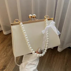 Women's Satchels Crossbody Bags Fashion Hard PU Leather Solid Color Pearl Handle Handbags Lady Single Strap Small Shoulder Bags