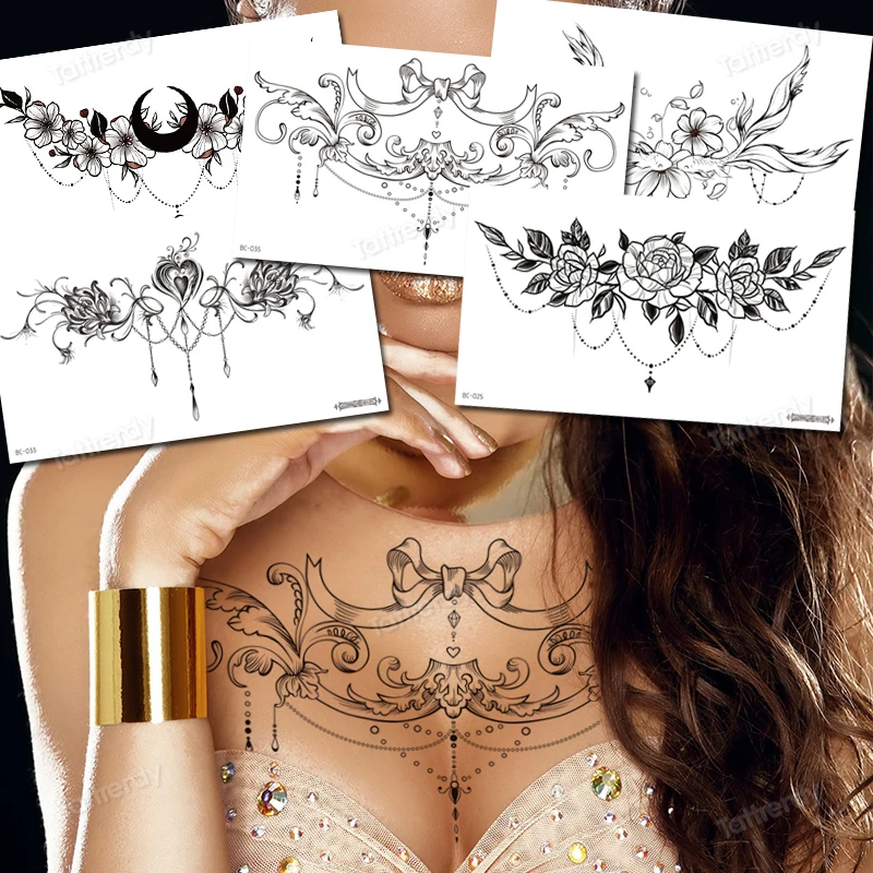 body jewel sticker Big temporary tattoos black henna lace sternum tattoo chest waterdecal flowers rose peonies mandala pattern