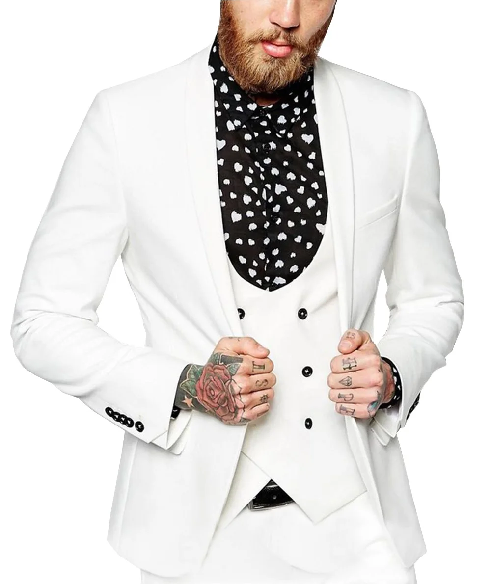 

2020 New Men White Suits 3-Piece Double-breasted Vest Tuxedo Groomsmen For Wedding(Blazer+vest+Pants)