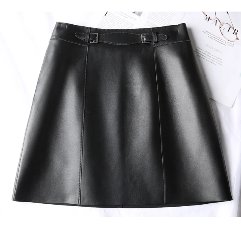 Genuine Leather Sexy Mini Skirt Women 2021 Spring South Korean Fashion High Waist Buttons Retro A-line Skirt