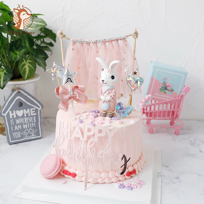 Fairy Pink bule Rabbit Cake Topper for Birthday Party Decorations Hollow Star Dessert Baby Shower Baking Supplies Kid Love Gifts