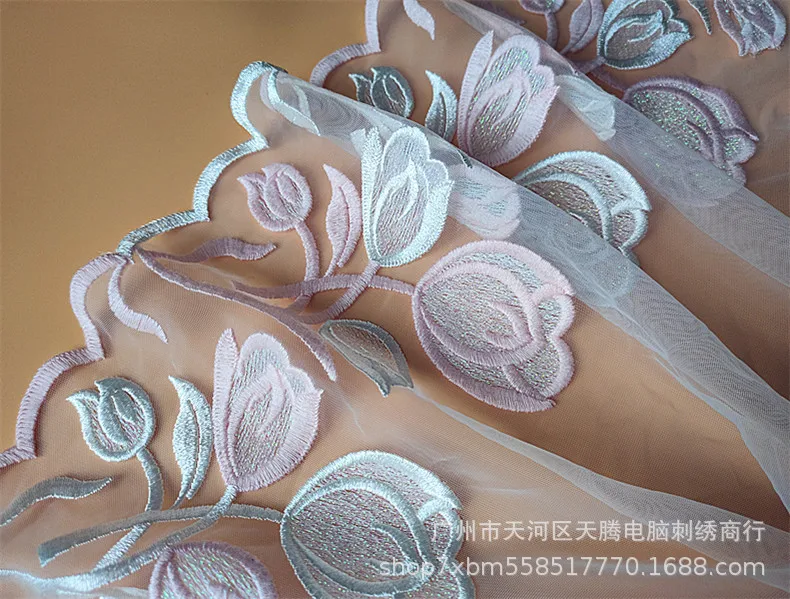 1Yard Pink Purple Tulip Flower LaceTrim Dress Wedding Lace Ribbon Fabric Applique Baby DIY Embroidered Sewing Craft 25cm Width