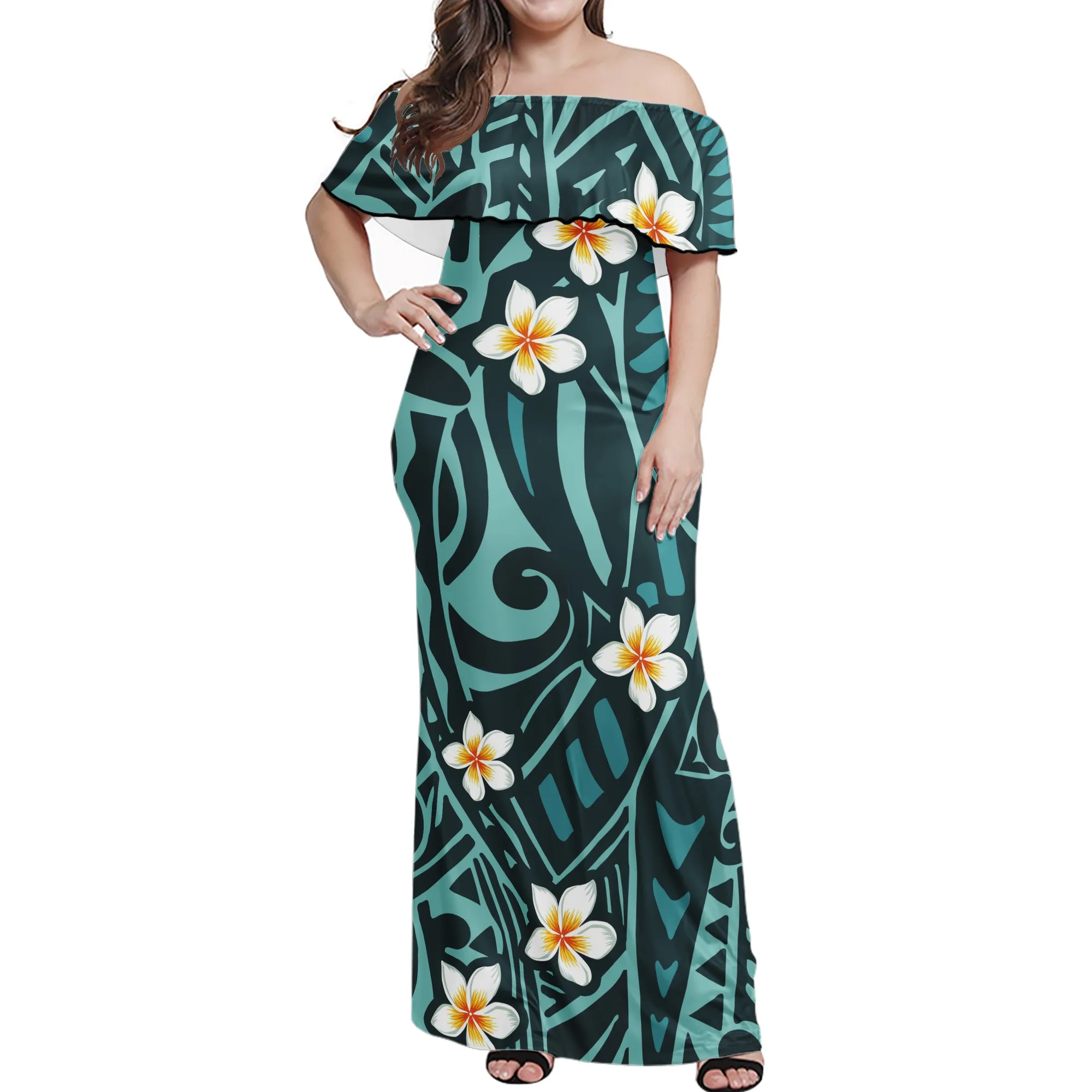 Dropshipping Polynesian Samoan Tribe Gradient Dress Printed Lotus Strapless Long Dress Print On Demand Ladies Sexy Summer Dress