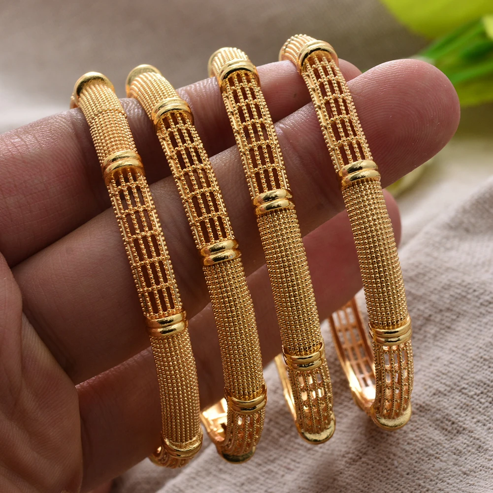 4Pcs/Lot 24K  Bangles Ethiopian Gold Color Bangles for women Girl indian dubai African wedding Bangls Bracelet Party bridal Gift