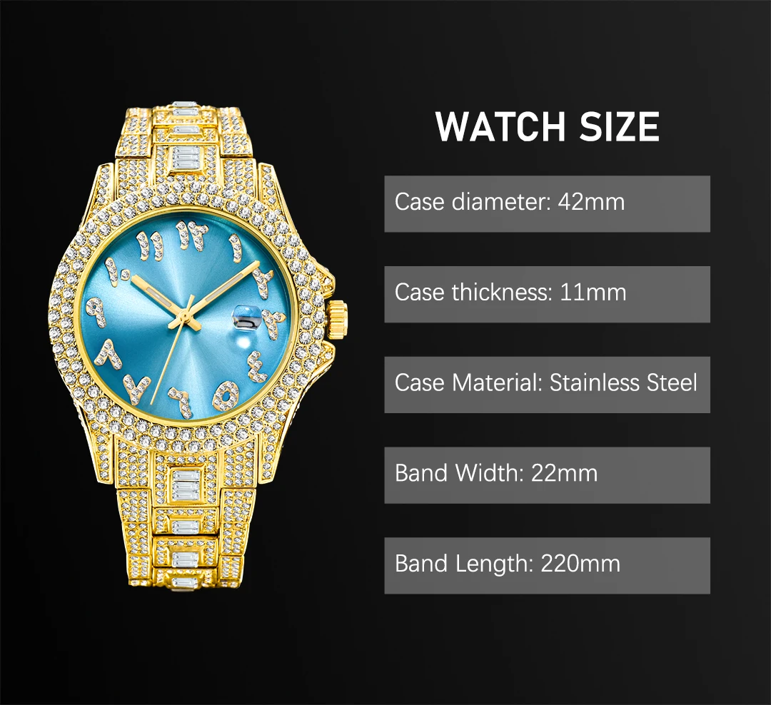 New Blue Arabic Men\'s Quartz Watch Male Luxury Wrist Fashion Watches Waterproof Business Stainless Steel Diamond Wristwatches