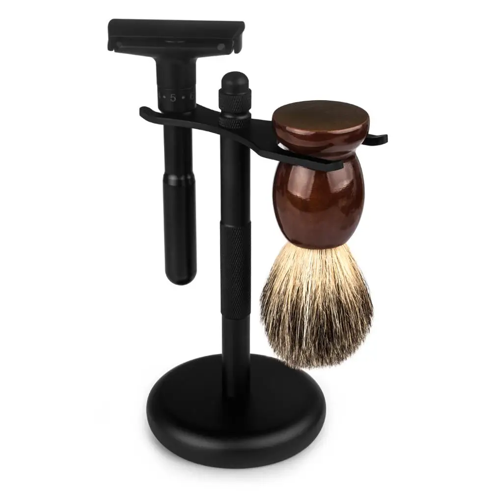 QSHAVE-maquinilla de afeitar para hombre, soporte de seguridad para brocha de afeitar de acero inoxidable, negro, 15,5 cm