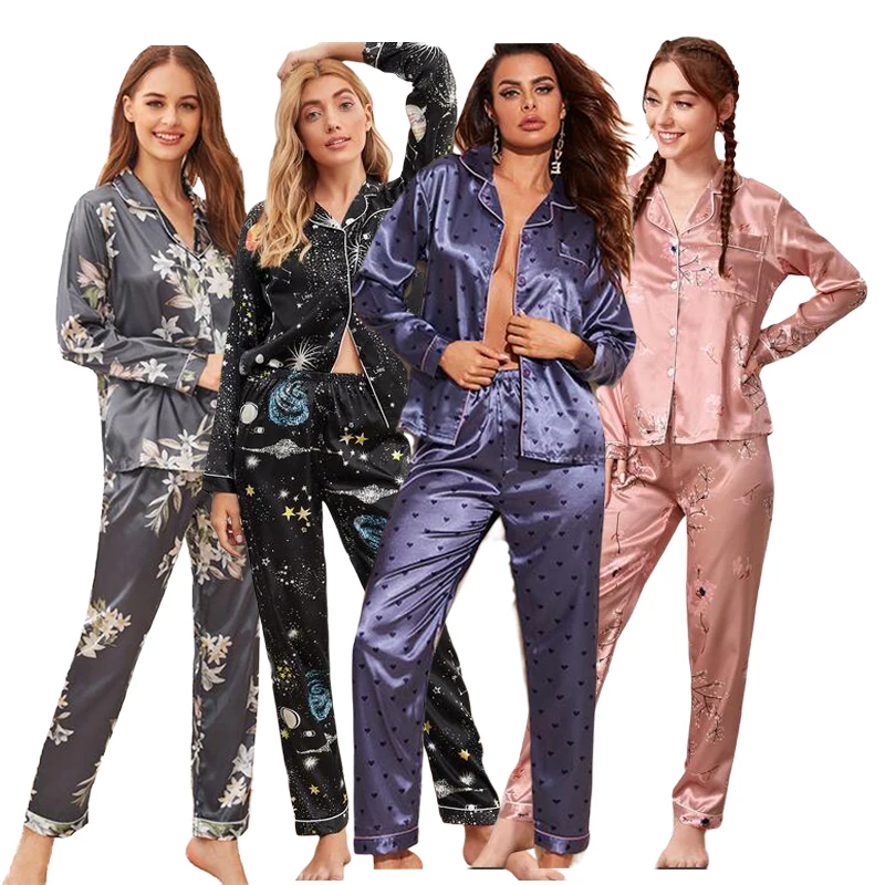 Conjunto de pijama de satén de seda para Mujer, camisa de manga larga con pantalón, ropa de dormir, trajes de dormir para Mujer, primavera y otoño