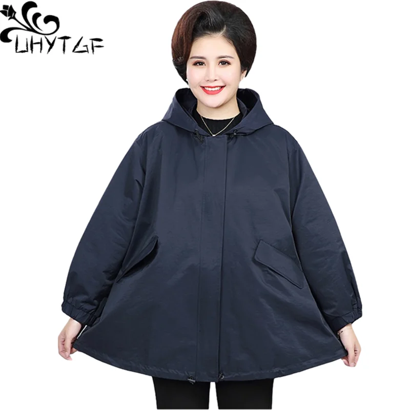 UHYTGF Spring Autumn Trench Coat Women Fashion Hooded Casual Short Tops Outerwear Korean Loose Oversized Windbreaker Female 1281