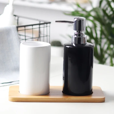 320 ml keramische emulsie dispenser wit zwarte fles hotel douchegel handdesinfecterend fles met bamboe lade voor keuken