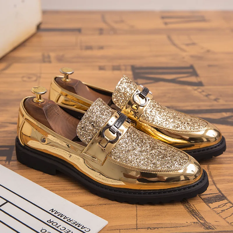 Luxury Shoes Coiffeur Party Shoes Men Formal Slip Dress Glitter Designer Shoes Men Classic Gold Italian Dress Chaussure Homme