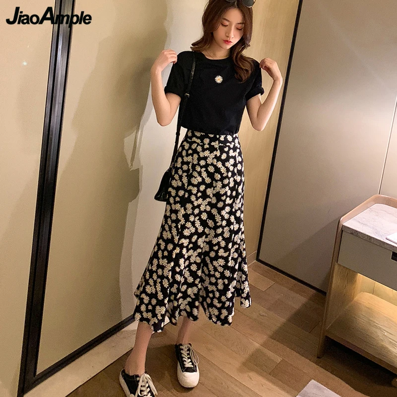 Summer Fashion Daisy T-shirt Dress Set Korean Graceful Women Sleeve Skirt Suit 2023 New Girls Date Clothing Sets Lady Black Tops