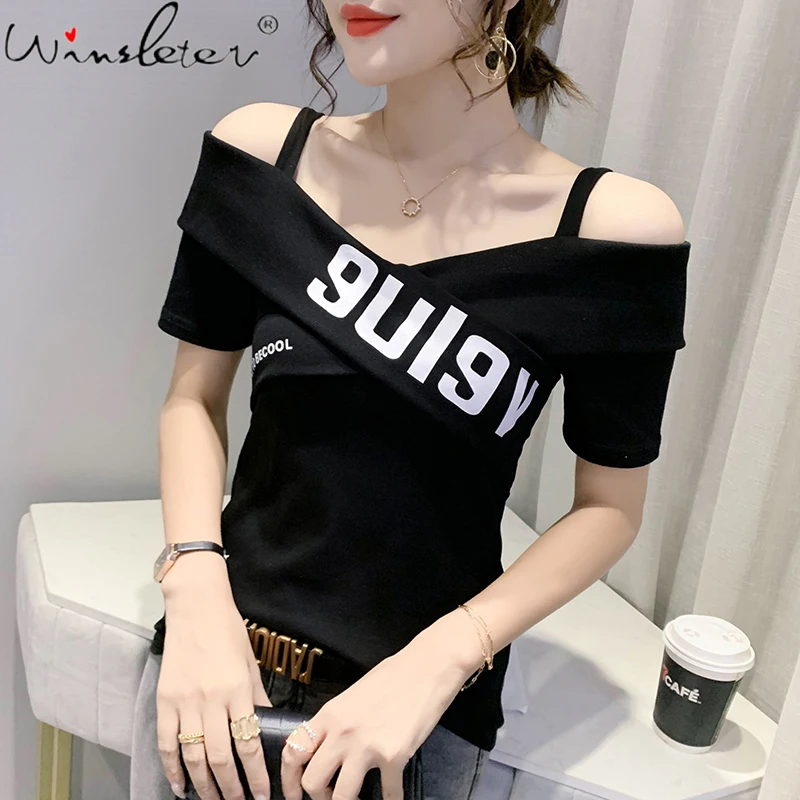 Summer European Style Cotton T-Shirt Fashion Sexy Camis Off Shoulder Print Letter Women Tops Short Sleeve All Match Tees T16607A