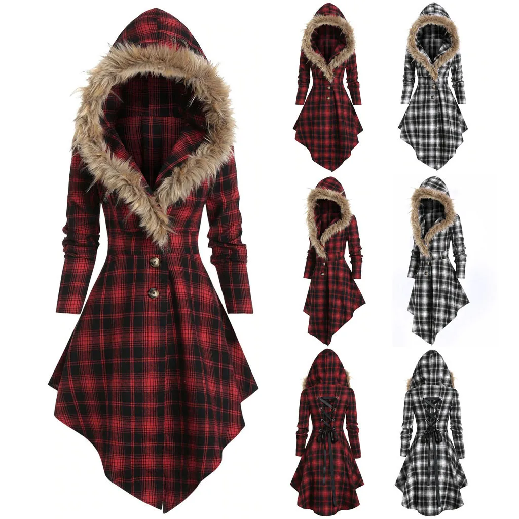 Fashion Plaid Warm Coat Casual Ladies Hooded Fur Collar Buttons Tunic Jacket Coat Female Winter Long Sleeve Womens Outerwear