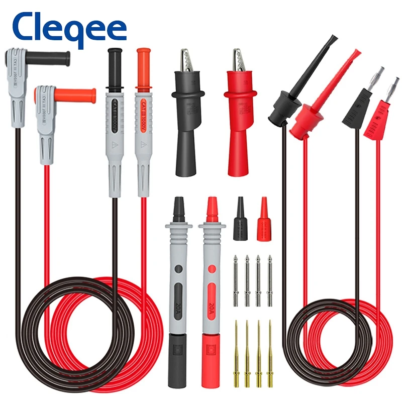 

Cleqee P1308B 18PCS Test Lead Kit with Multimeter Probe 4mm Banana Plug To Test Hook Cables Replaceable Needles Alligator Clips