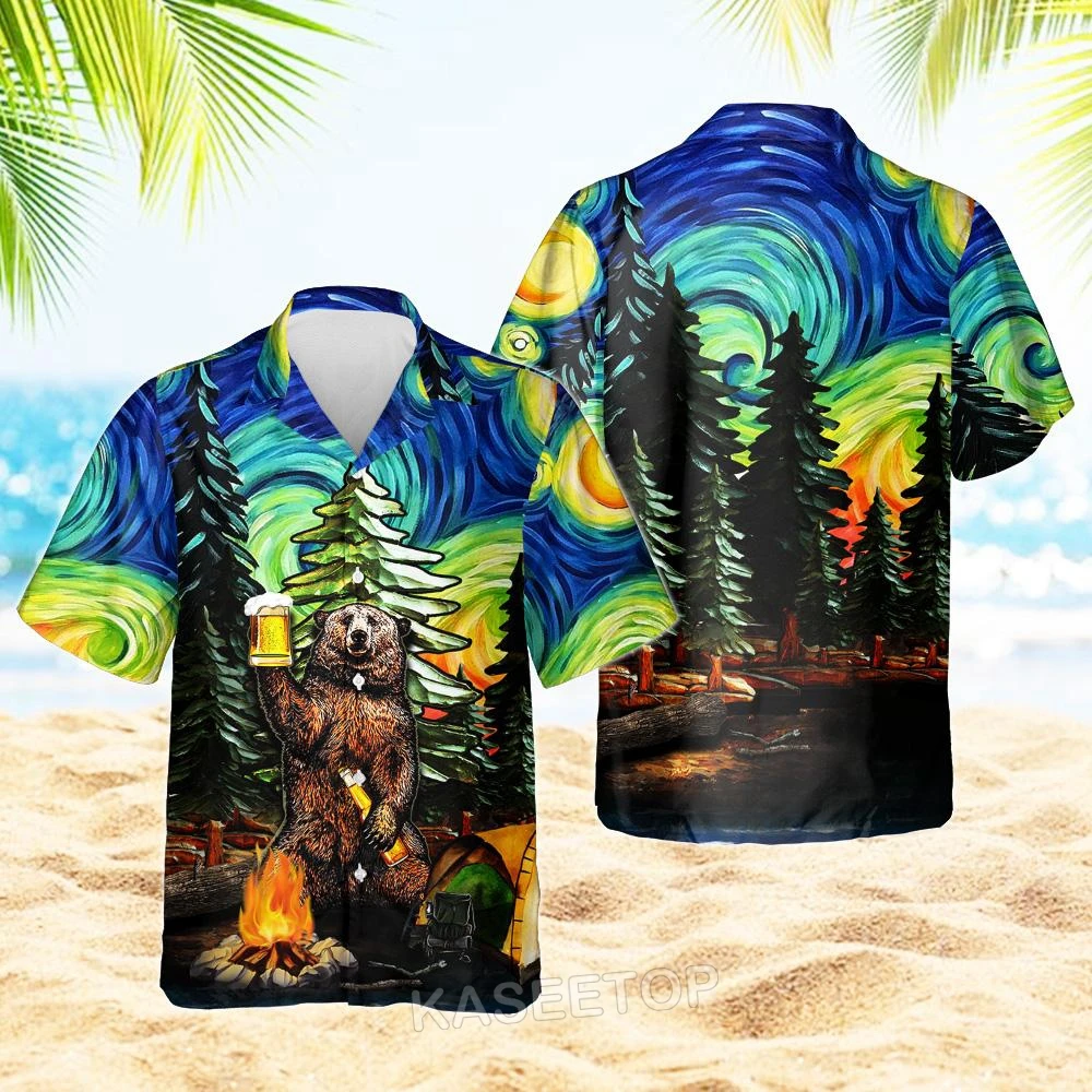 Fashion Men Beach CAMPING STARRY NIGHT Aloha 3D Print Hawaiian Shirt Casual T Shirt Button Wild Blouses Oversize Streetwear Top