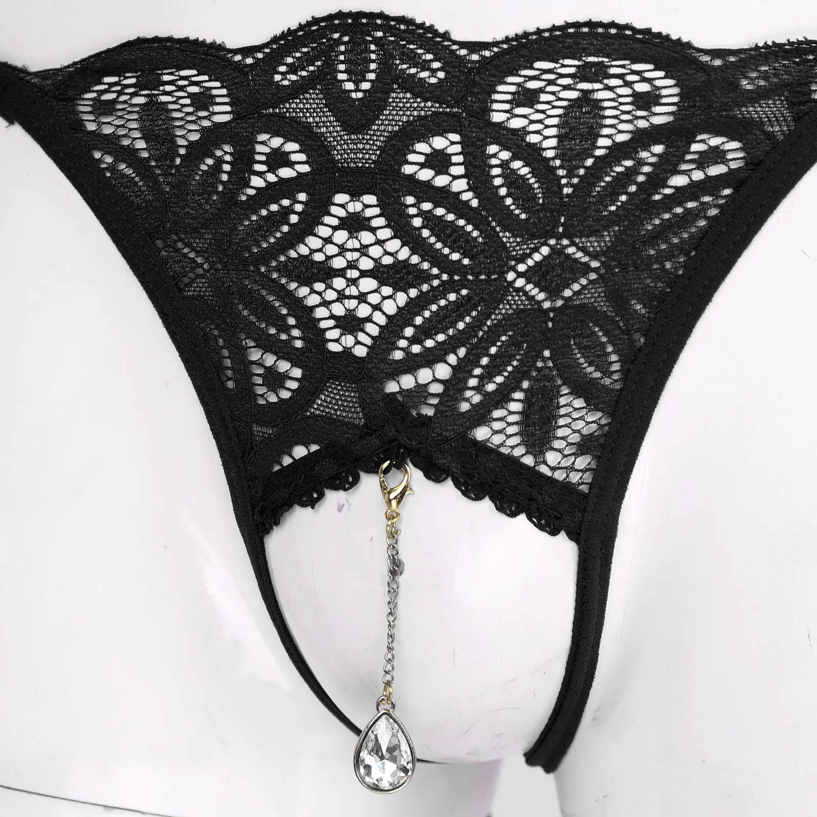 Men\'s Lingerie Rhinestone Pendant Floral Lace G-string Sexy Low Rise Crotchless Thongs Sissy Male Gay Underwear Erotic Panties