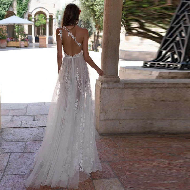 Robe de mariée A-ligne fendue sur le côté, appliques en dentelle, tulle, dos ouvert, patients sexy, quelle que soit la robe de mariée, 2024