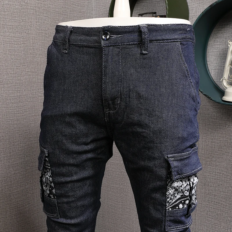 Summer Dark Blue Cargo Jeans Men Fashion Pockets Patchwork Slim Fit Ankle-Length Pants Streetwear Denim Trousers