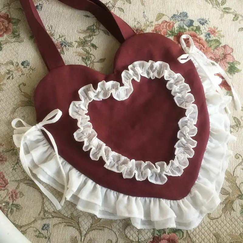 Japanese Princess Lolita Lolita ruffled heart-shaped canvas bag Soft Girl Cos Loli Tea Party College style handmade shoulder bag