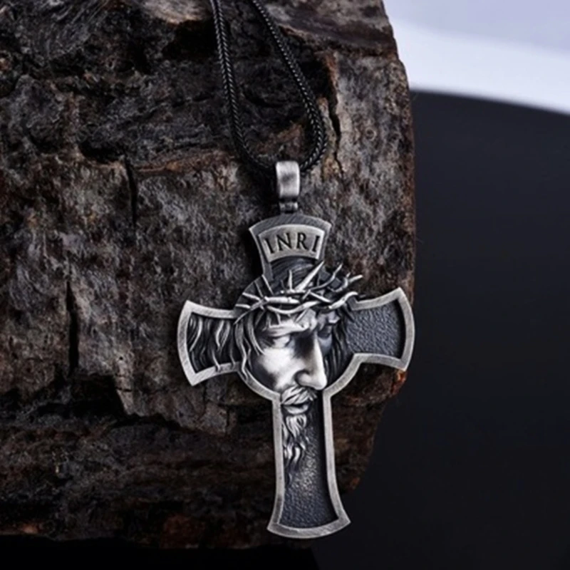 H9EC Kalung Liontin Logam Salib Yesus Kristus Retro Rantai Religius