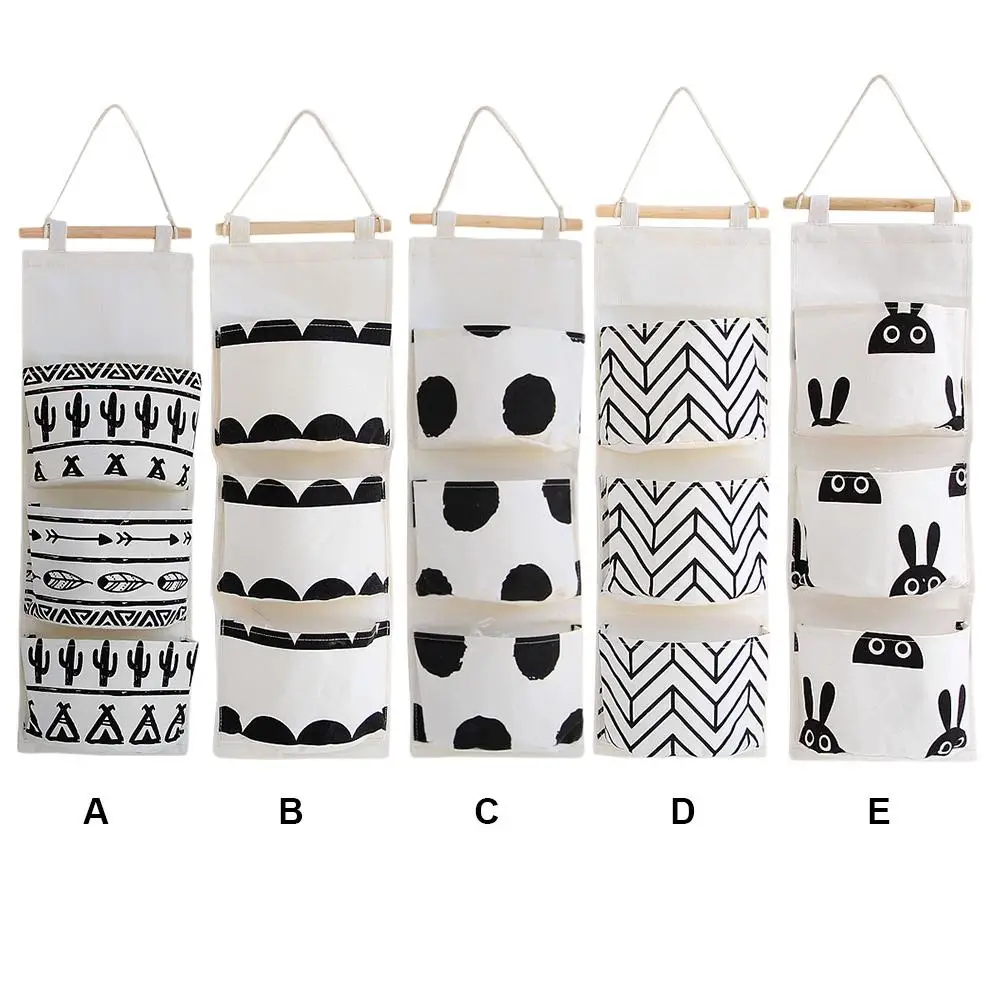 Black White Pattern Cotton Linen Hanging Storage Bag 3 Pockets Wall Mounted Wardrobe Hang Bag Wall Pouch Cosmetic Toys Organizer