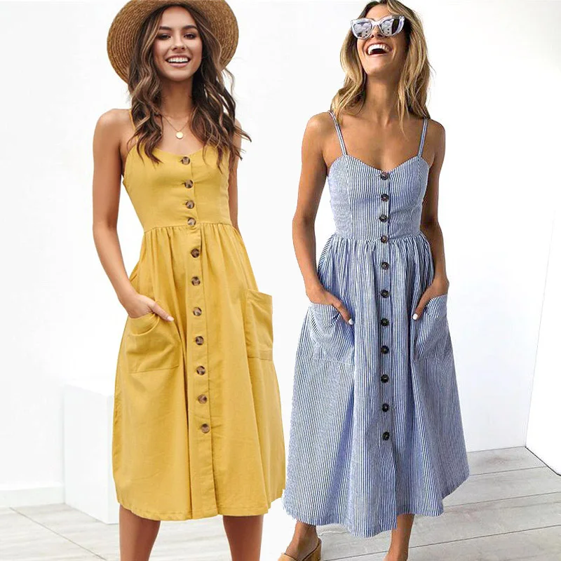 Boho Sexy Floral Dress Summer Vintage Casual Sundress Female Beach Dress Midi Button Backless Polka Dot Striped Women Dress2024