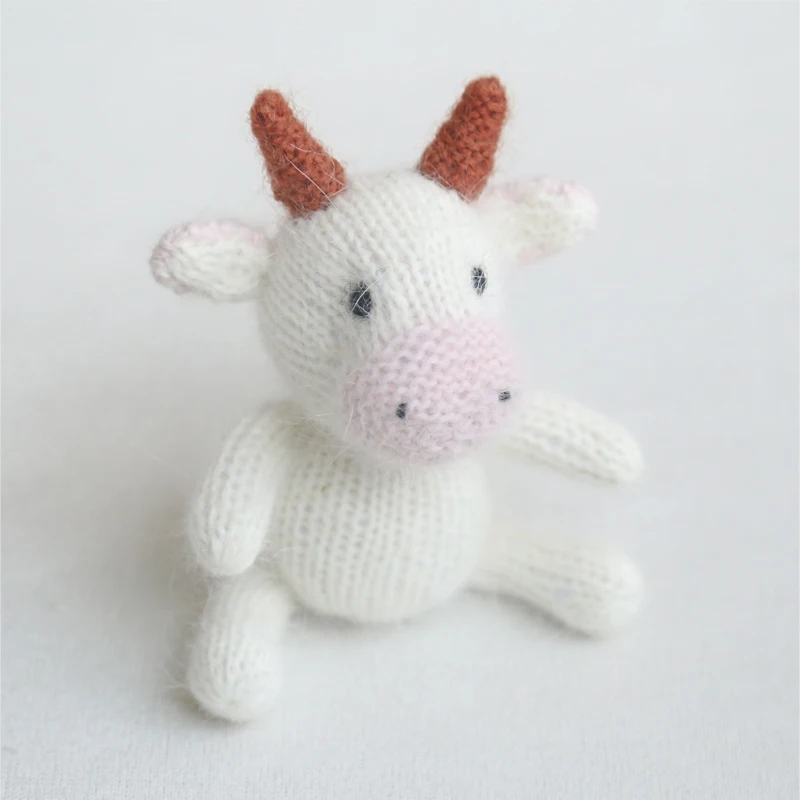 Knitted Cow Toy Newborn Photography props Baby Girl Animal Angora Cow Hat Toy Set Infant Toddler Animal Bonnet Toy Photo Shoot