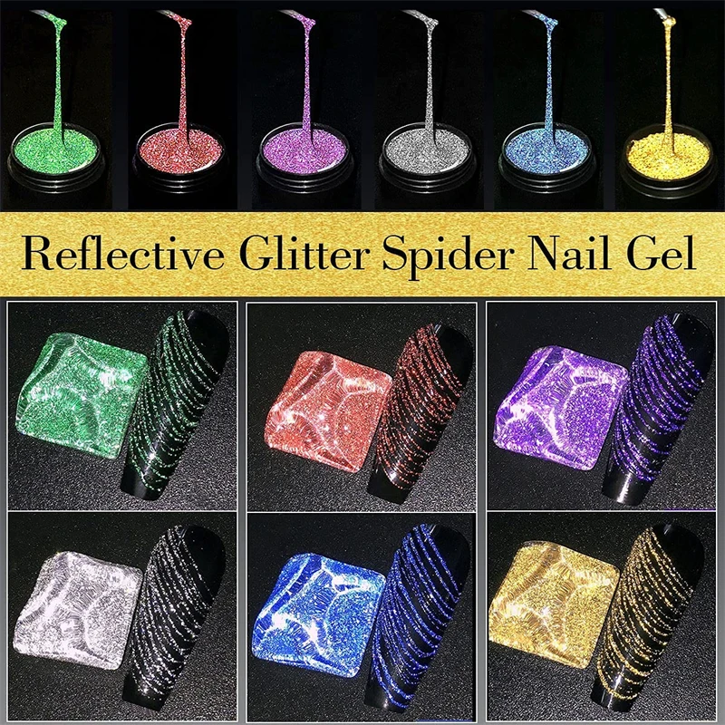 Conjunto de esmalte em gel com 6 cores de aranha, 6 cores, glitter, esmalte em gel, pincel, desenho de aranha, discoteca, uv/led, gel elástico