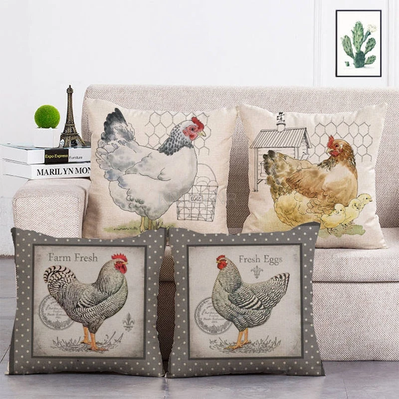 45cm*45cm The Old Cock and The Hen Design Linen/cotton Printed Throw Pillowcase for Home Sofa and Car Decorative Pillow