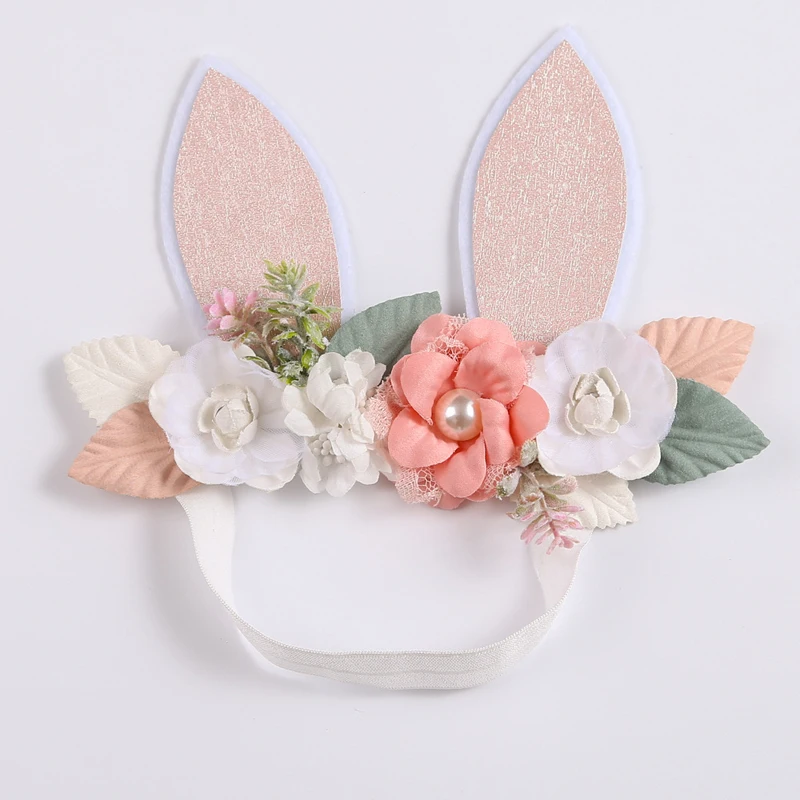 Balleenshiny Cute Festive Baby Girls Headband Glitter Rabbit Ears Mesh Lace Stitching Combination Flower Children\'s Headdress