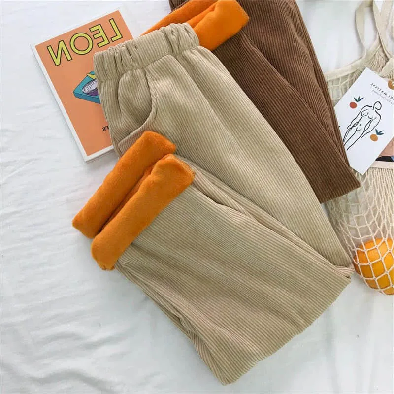 

Corduroy Ankle-Length Pants retro lovers wide leg pants Korean loose Plush casual trousers boy girl simple Japanese streetwear