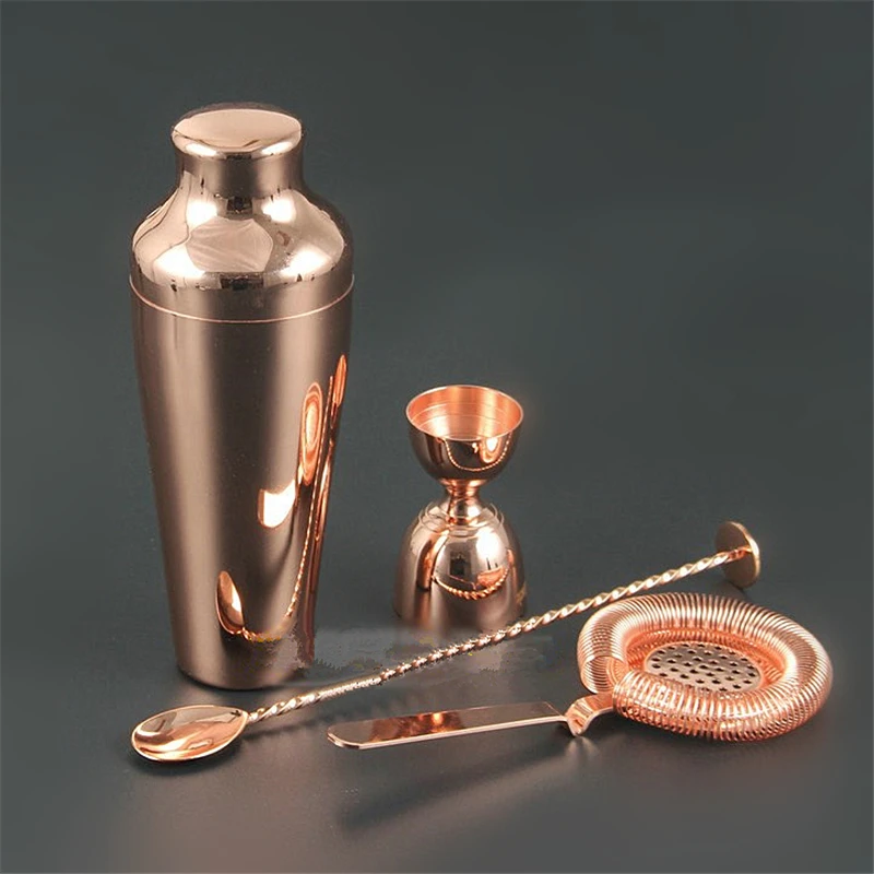 Cocktail Shaker Bar Set Copper Gold Plated Shaker Barware Set - 4 Pieces Bartender Kit Includes Shaker, Jigger,Strainer,Spoon