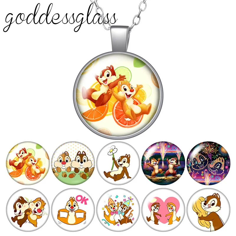 Niedlicher Chip n Dale schöne Cartoon Eichhörnchen rundes Glas Glas Cabochon versilbert/Kristall Anhänger Halskette Schmuck als Geschenk