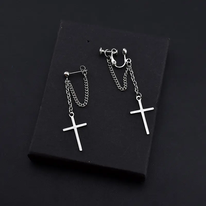 Korea Style Cool Cross Earrings For Women Men Teens Gothic Silver Plated Chain Hanging Earring Street Punk Hip Hop Jewelry Gift