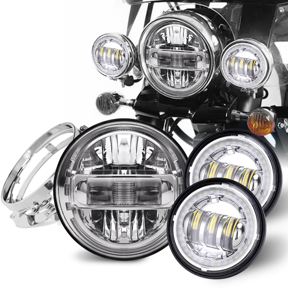 7" LED Headlight & 4.5" Fog Lights Kit For Harley Davidson Motorcycles - DOT Approved