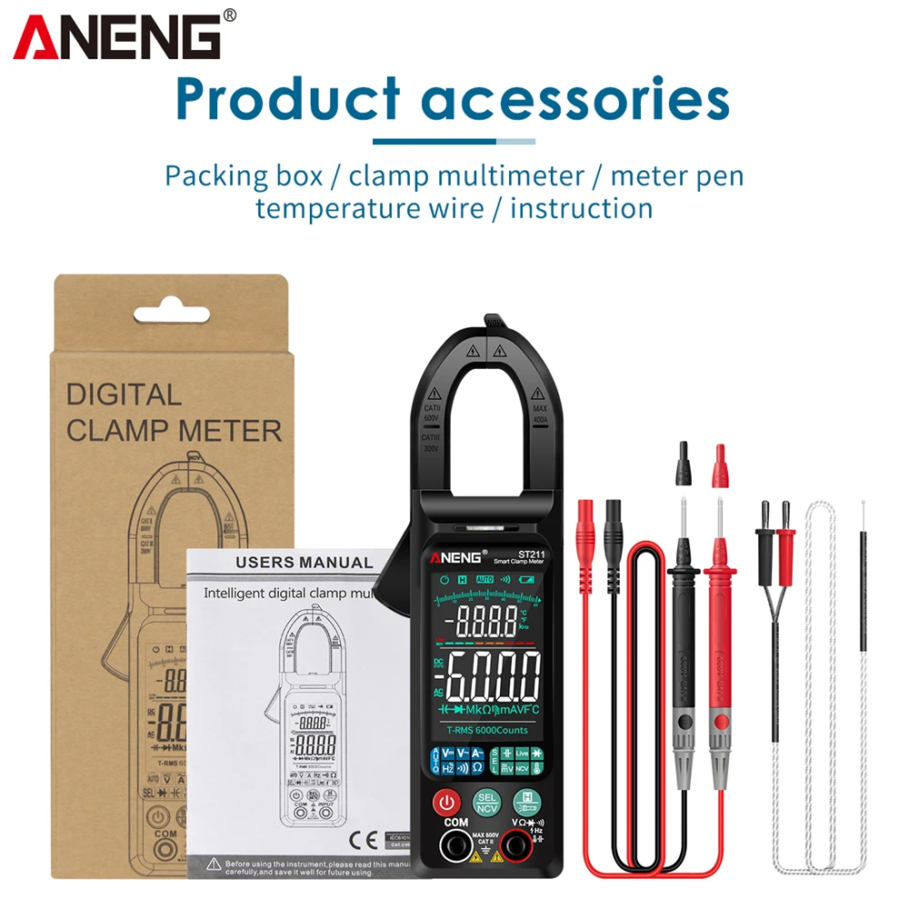 จอแสดงผลขนาดใหญ่หน้าจอ6000นับ ST211 Digital Clamp Meter มัลติมิเตอร์ DC AC แรงดันไฟฟ้าเครื่องทดสอบ Amp Hz NCV Ohm test