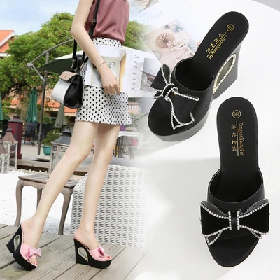 Best Seller Summer Slippers Women Butterfly-knot Platform Wedge Thick Sole High Heels 13CM Outdoor Mules Slides Sweet Beach Shoe