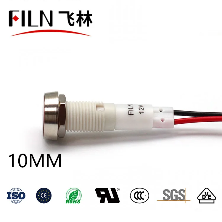 FILN 10mm 12v 24v 220v 110v  red signal lamp indicator light with Various Length for water boiler