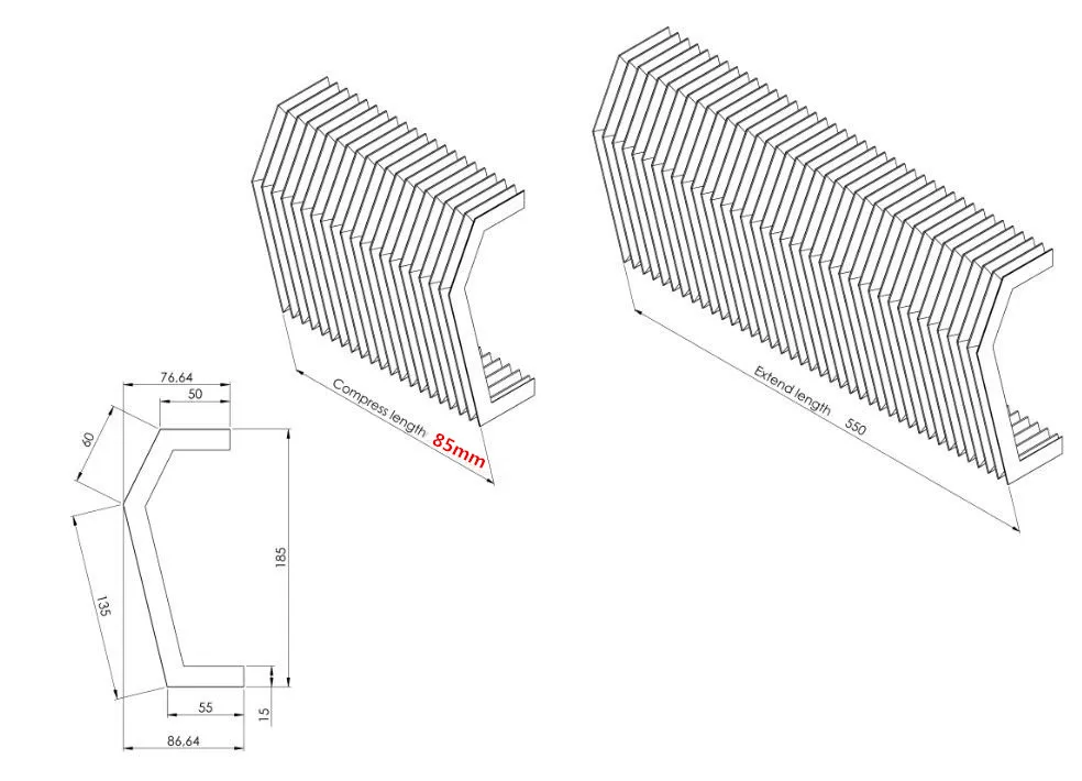 Special shape flexible accordion bellows protection cover, 135 mm x 60 mm x 550 mm