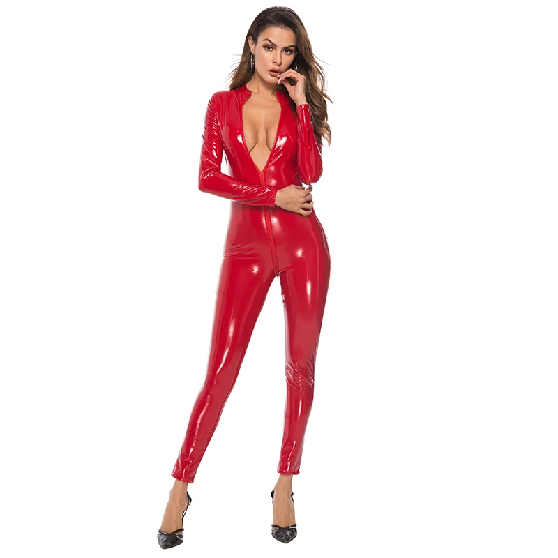 Women Sexy Open Crotch Latex Catsuit Erotic Below Crotchless Bodysuit With Double Zipper Glossy Shaping Leather Lingerie Set