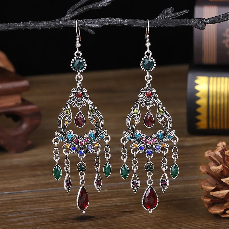 Vintage Ethnic Long Water Drop Tassel Earrings for Women Creative Rhinestone Flower Silver Color Metal Dangle Female Jewelry