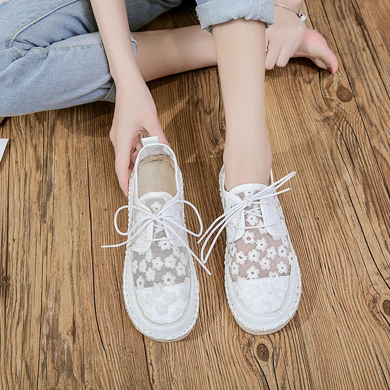 Breathable Knitted Lace Women\'s Shoes New Women\'s Casual Shoes Flat Bottom Woven Shallow White Shoes New 2023